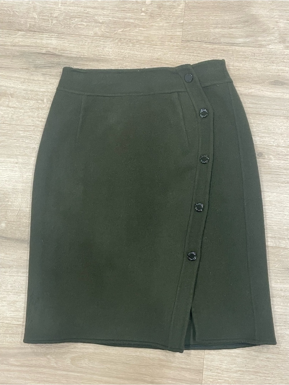 Sandro Olive Green Wool Mini Skirt with Asymmetric Button Front